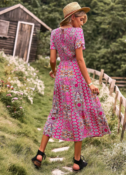 FashionSierra-Vintage  Ruffles Sleeve  Long  For Women  Robe  Beach  Bohemia  Rayon Floral Print  Summer  Shirred  Vestidos Boho Dress
