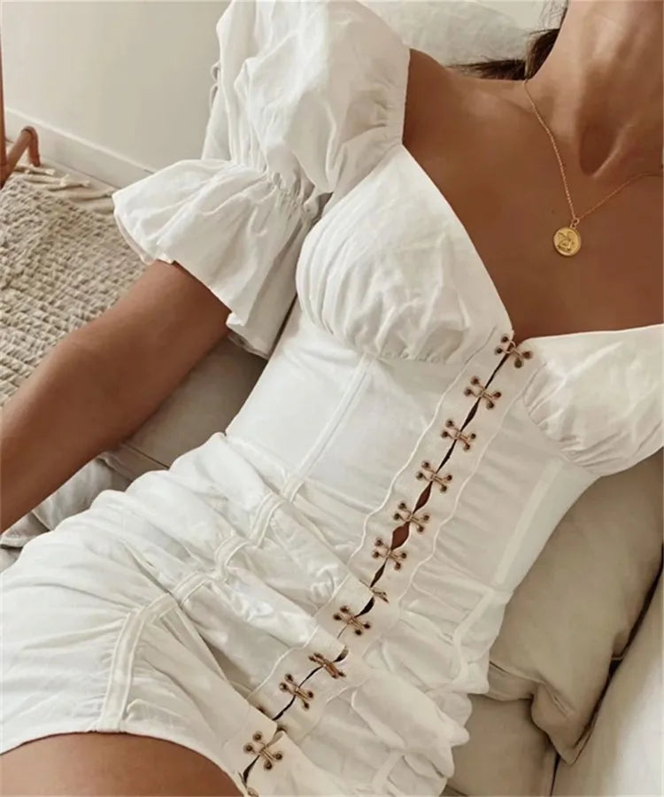 FashionSierra-Vintage  Short Puff Sleeve  Sheath Mini  Women  White Cotton  Sexy V Neck  Summer  Bodycon  Ladies  Party  Robe Boho Dress