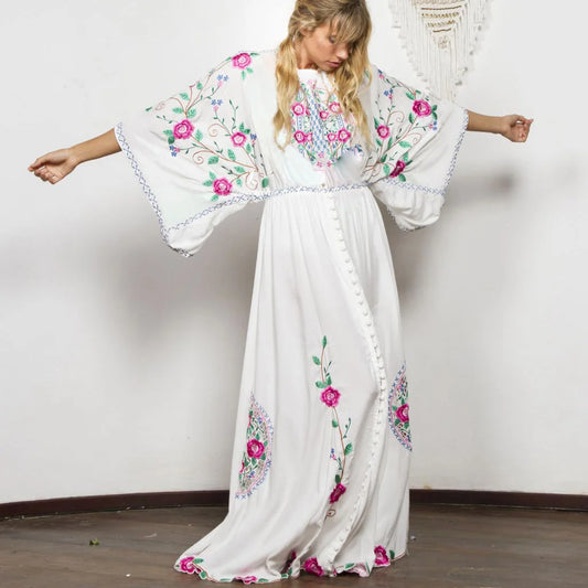 FashionSierra-White  Cotton  Floral Embroidered  Maxi  Vintage  O-Neck  Backless  Summer  Loose  Casual Beach Boho Dress