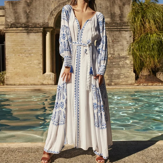 FashionSierra-White  Cotton  Maxi  Ethnic  Tunic  Vintage  Long Sleeve  Embroidery  Autumn  Beach Boho Dress