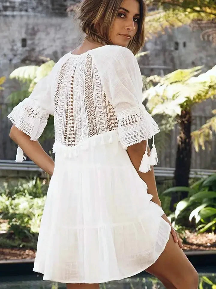 FashionSierra-White  Short Sleeve  Lace  Women  Robe  Casual  Lace Up  Tassel  O-neck  Mini  Summer  Beach Wear  Vestidos Boho Dress