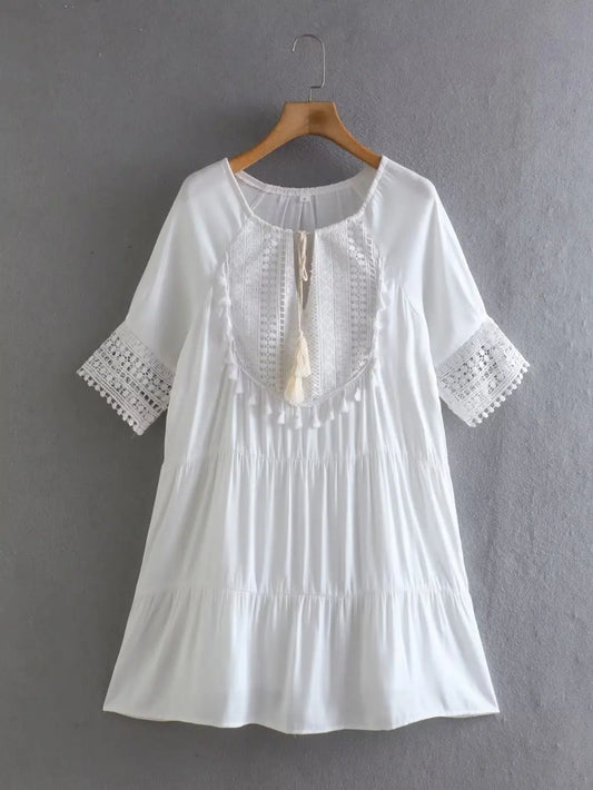 FashionSierra-White  Short Sleeve  Lace  Women  Robe  Casual  Lace Up  Tassel  O-neck  Mini  Summer  Beach Wear  Vestidos Boho Dress