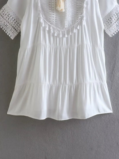 FashionSierra-White  Short Sleeve  Lace  Women  Robe  Casual  Lace Up  Tassel  O-neck  Mini  Summer  Beach Wear  Vestidos Boho Dress