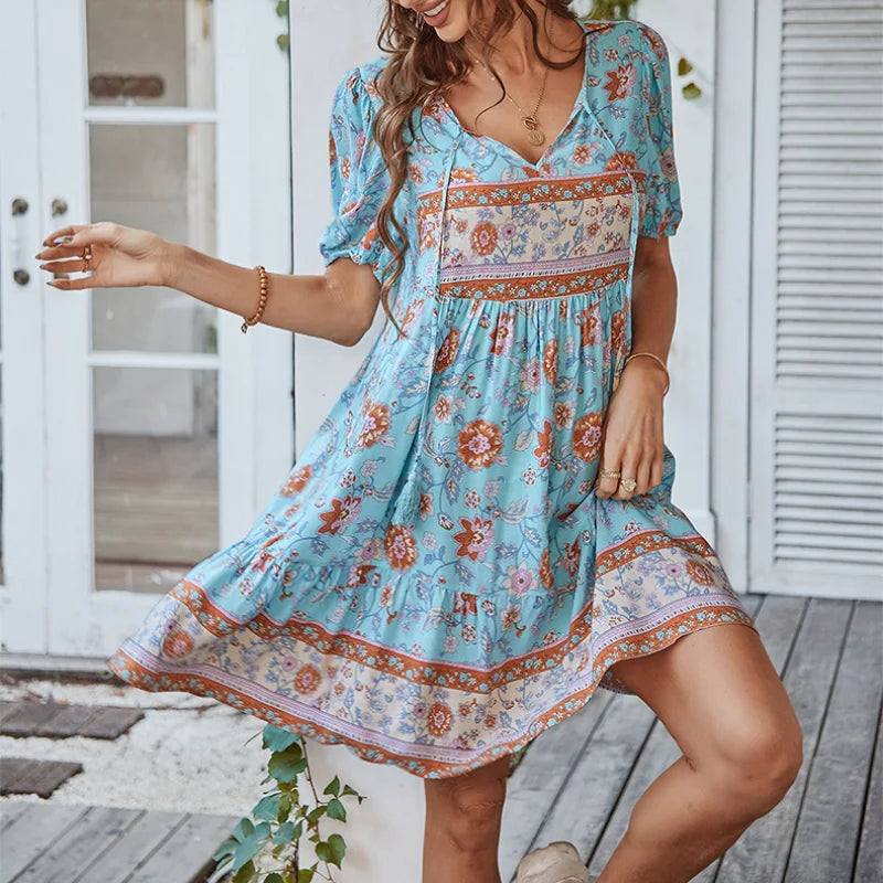 FashionSierra-Floral Print  Mini  Summer  Vintage  Tassel  Lace-up  V Neck  Short Sleeve  Loose  Beach Boho Dress
