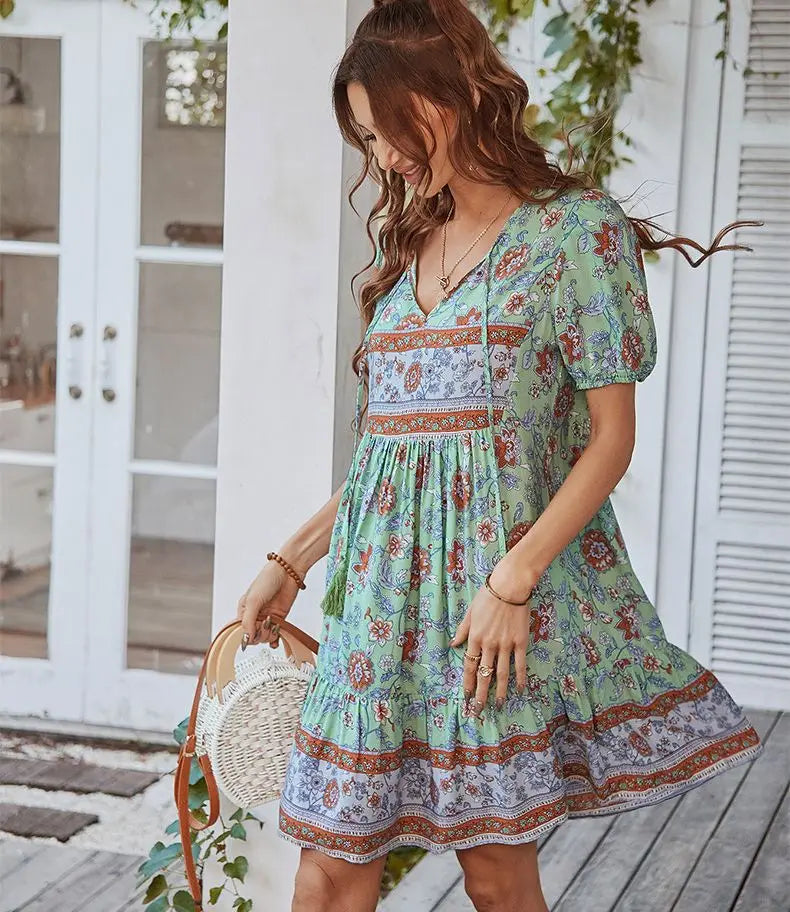FashionSierra-Floral Print  Mini  Summer  Vintage  Tassel  Lace-up  V Neck  Short Sleeve  Loose  Beach Boho Dress