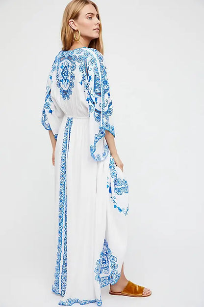 FashionSierra-Hollow  Floral Embroidery  Long Sleeve  Strap  Maxi  White  Vintage  V Neck  Beach Ladies Boho Dress