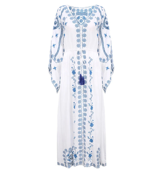 FashionSierra-Hollow  Floral Embroidery  Long Sleeve  Strap  Maxi  White  Vintage  V Neck  Beach Ladies Boho Dress
