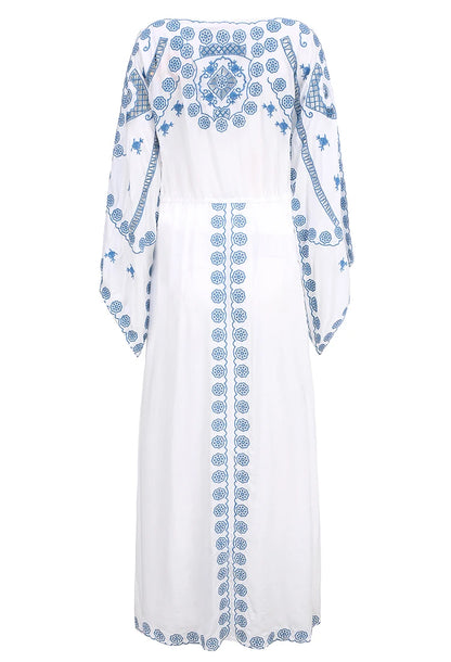 FashionSierra-Hollow  Floral Embroidery  Long Sleeve  Strap  Maxi  White  Vintage  V Neck  Beach Ladies Boho Dress