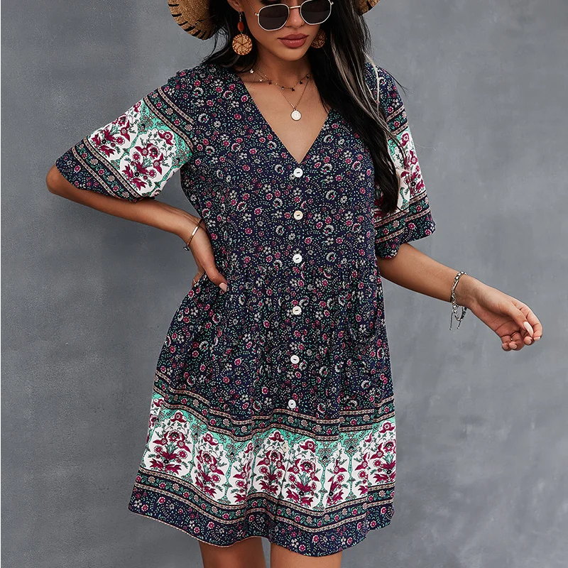 FashionSierra-Women  Summer  Pockets  Button  Loose  2024  V Neck  Floral Print  Short Sleeve  Vintage  Mini  Ladies Boho Dress