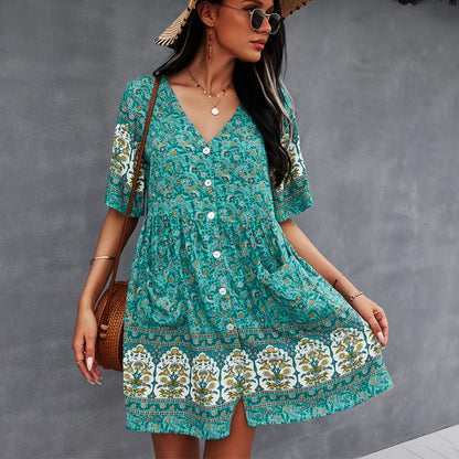FashionSierra-Women  Summer  Pockets  Button  Loose  2024  V Neck  Floral Print  Short Sleeve  Vintage  Mini  Ladies Boho Dress