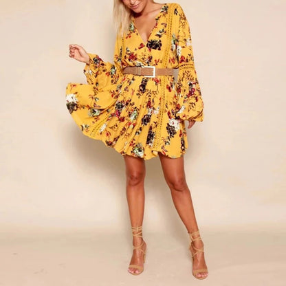 FashionSierra-Yellow  Mini  Vintage  Floral Print  Autumn  V-neck  Long Sleeve  Loose  Gypsy Boho Dress