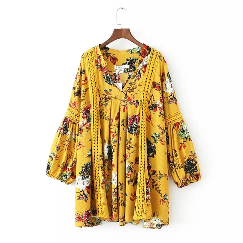 FashionSierra-Yellow  Mini  Vintage  Floral Print  Autumn  V-neck  Long Sleeve  Loose  Gypsy Boho Dress