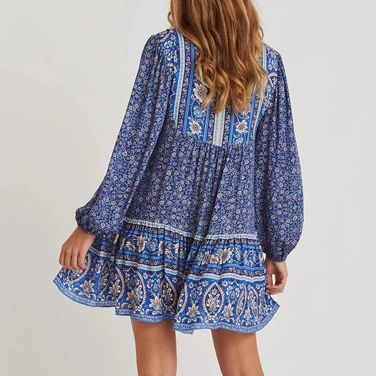 FashionSierra-Blue Cotton  Floral Print  Tunic  Mini  Women  Long Sleeve  Robe  Autumn  Short  Femme  Vintage  Loose  Vestidos Boho Dress