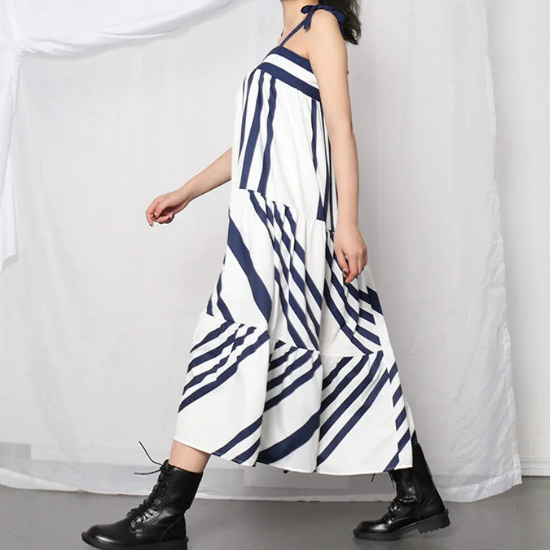 FashionSierra-Blue Striped  Long  Vintage  Off Shoulder  Loose  Casual  Bow  Lace Up  Summer Boho Dress