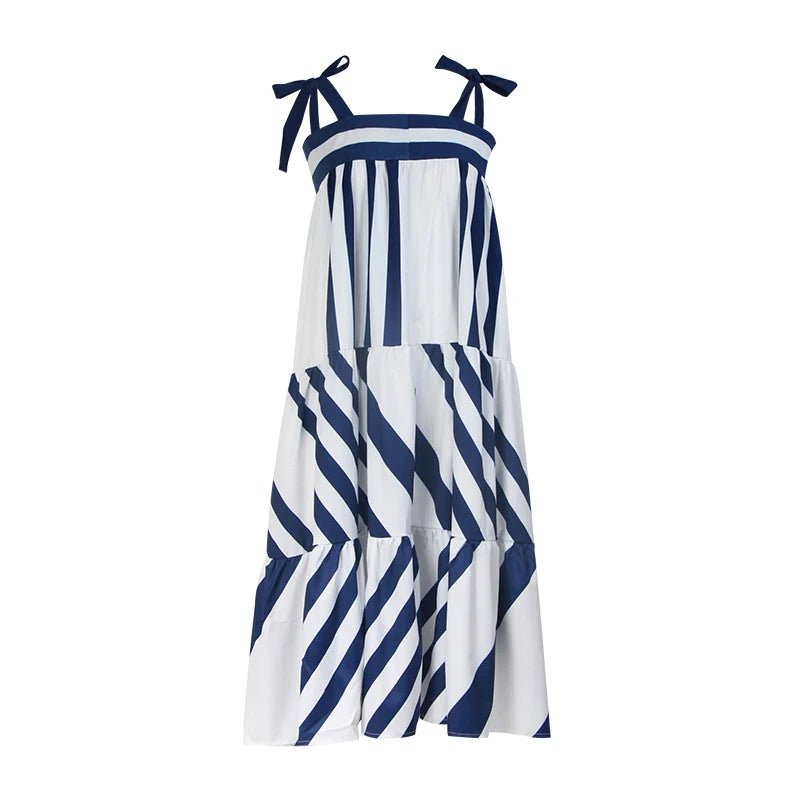 FashionSierra-Blue Striped  Long  Vintage  Off Shoulder  Loose  Casual  Bow  Lace Up  Summer Boho Dress