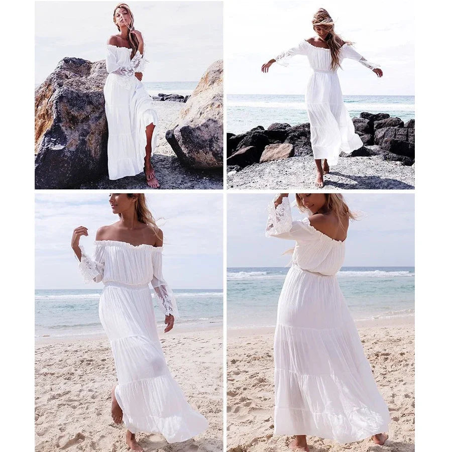 FashionSierra-White  Sexy  Off the Shoulder  Beach  Sun  Flare  Long Sleeve  Splice Lace  Women  Summer Boho Dress