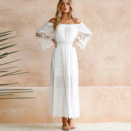 FashionSierra-White  Sexy  Off the Shoulder  Beach  Sun  Flare  Long Sleeve  Splice Lace  Women  Summer Boho Dress