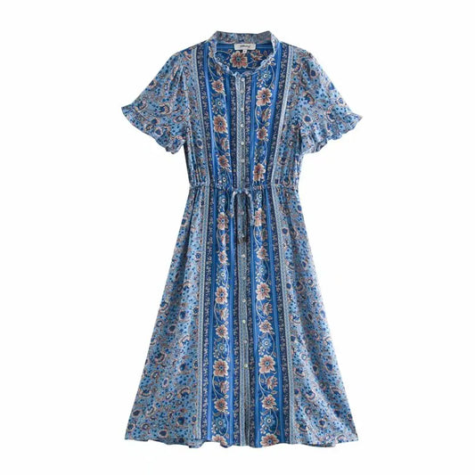 FashionSierra-Flare Sleeve  V Neck  Long  Women  Rayon  Red Floral Printed  Button  Casual  Midi  Summer  Vestidos  2024  Robe Boho Dress