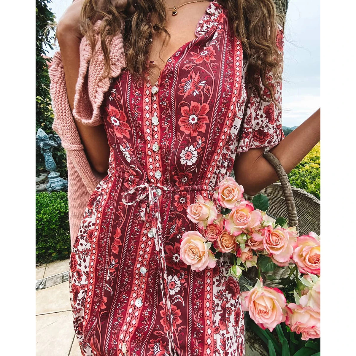 FashionSierra-Flare Sleeve  V Neck  Long  Women  Rayon  Red Floral Printed  Button  Casual  Midi  Summer  Vestidos  2024  Robe Boho Dress