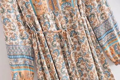 FashionSierra-Long Sleeve Midi  Women  Vintage Floral Printed  Cotton Rayon  2024  Autumn  Tunic  Casual  Long  Vestidos Boho Dress
