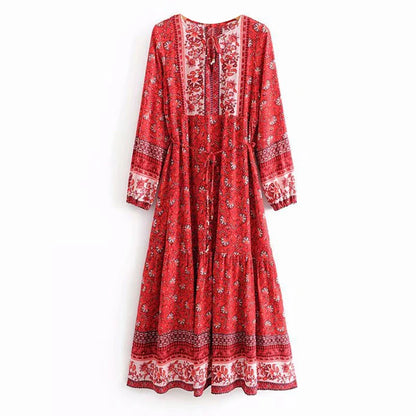 FashionSierra-Long Sleeve Midi  Women  Vintage Floral Printed  Cotton Rayon  2024  Autumn  Tunic  Casual  Long  Vestidos Boho Dress