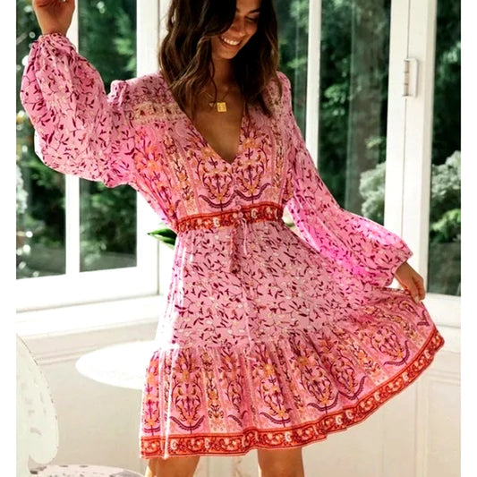 FashionSierra-Long Sleeve  Vintage  Pink Floral Print  Cotton  Autumn  V-neck  Sexy  Ruffles  Boho Dress