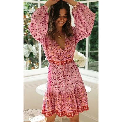 FashionSierra-Long Sleeve  Vintage  Pink Floral Print  Cotton  Autumn  V-neck  Sexy  Ruffles  Boho Dress