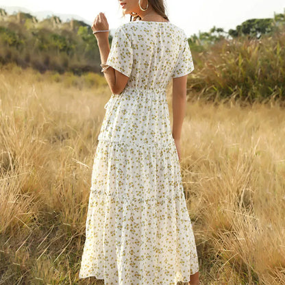 FashionSierra-Sexy  Deep V Neck  Maxi  Women  Ruffles  2024  Cotton  Beige  Floral Print  Summer  Vestidos  Beach  Casual  Robe Boho Dress