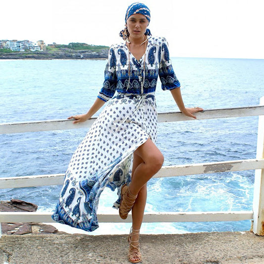 FashionSierra-Women  2024  Blue Floral Print  Sexy  V-neck  Drawstring Waist  Summer  Gypsy  Beach  Vestido  Boho Dress
