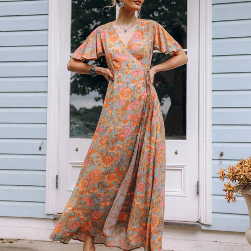 FashionSierra-Cotton  Orange Floral Print  Maxi Wrap  Women  2024  Vintage  Deep V Neck  Long  Summer  Vestidos  Beach  Robe Boho Dress