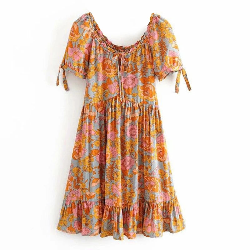 FashionSierra-Cotton  Orange Floral Print  Maxi Wrap  Women  2024  Vintage  Deep V Neck  Long  Summer  Vestidos  Beach  Robe Boho Dress