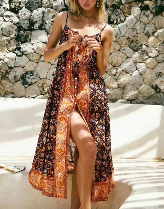 FashionSierra-Cotton Rayon  Floral Print  Midi  Summer  Beach  Vestidos  2024  Sleeveless  Strap  Vintage  Casual  Long  Women Boho Dress