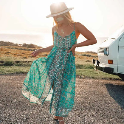 FashionSierra-Cotton Rayon  Floral Print  Midi  Summer  Beach  Vestidos  2024  Sleeveless  Strap  Vintage  Casual  Long  Women Boho Dress
