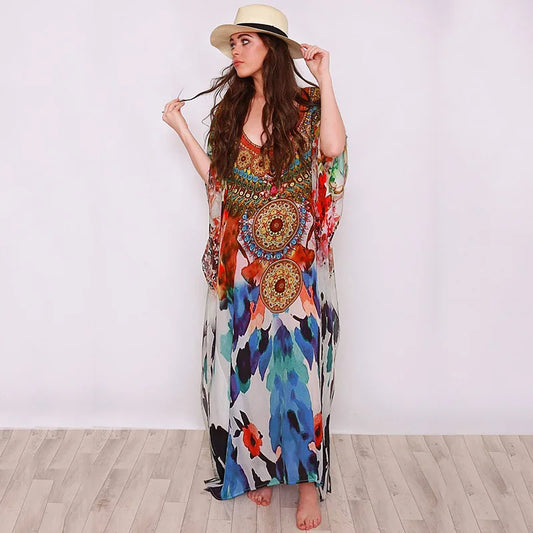 FashionSierra-Cotton Rayon  Floral Print  Tunic  Smock Frock  Women  Long Cover Up  Beach  Summer  Maxi  Loose  Oversize  Robe Boho Dress