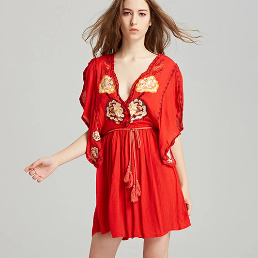 FashionSierra-Deep V-neck  Sexy  Beach  Floral Embroidery  Summer  Vintage  Cloak Sleeve  Mini  Party Boho Dress
