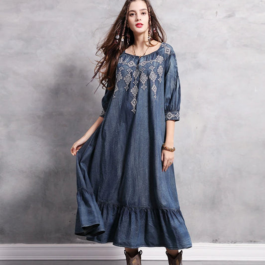 FashionSierra-Denim  Tunic  Blue  Cotton  O-neck  Floral Embroidery  Autumn  Gypsy  Hippie  Loose Boho Dress