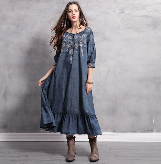 FashionSierra-Denim  Tunic  Blue  Cotton  O-neck  Floral Embroidery  Autumn  Gypsy  Hippie  Loose Boho Dress