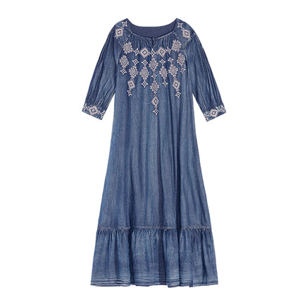 FashionSierra-Denim  Tunic  Blue  Cotton  O-neck  Floral Embroidery  Autumn  Gypsy  Hippie  Loose Boho Dress