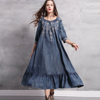 FashionSierra-Denim  Tunic  Blue  Cotton  O-neck  Floral Embroidery  Autumn  Gypsy  Hippie  Loose Boho Dress