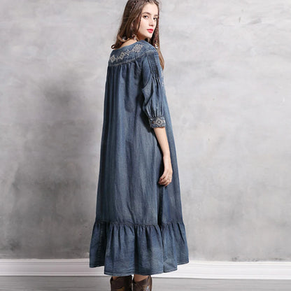 FashionSierra-Denim  Tunic  Blue  Cotton  O-neck  Floral Embroidery  Autumn  Gypsy  Hippie  Loose Boho Dress