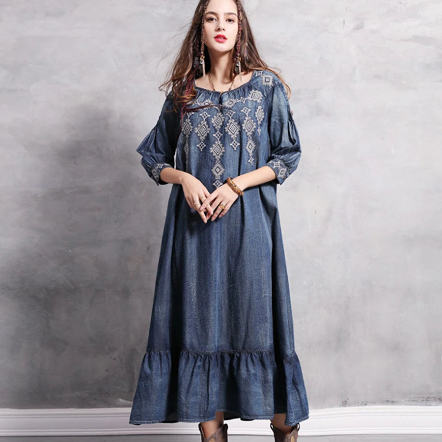 FashionSierra-Denim  Tunic  Blue  Cotton  O-neck  Floral Embroidery  Autumn  Gypsy  Hippie  Loose Boho Dress