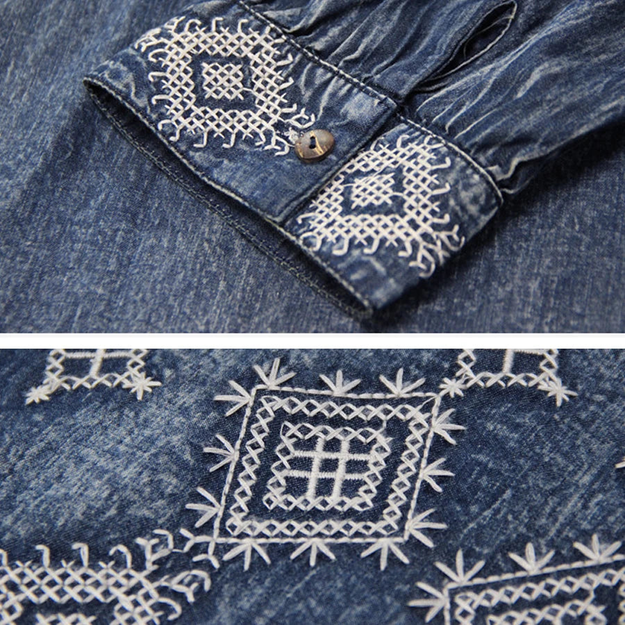 FashionSierra-Denim  Tunic  Blue  Cotton  O-neck  Floral Embroidery  Autumn  Gypsy  Hippie  Loose Boho Dress