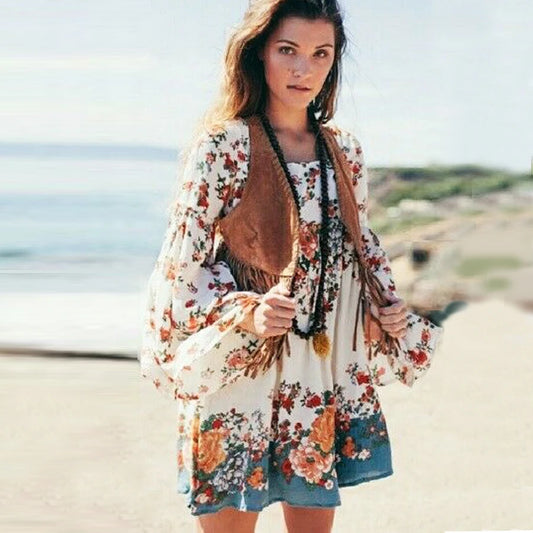 FashionSierra-Flare Long Sleeve  Mini  Women  Beige Floral Print  Cotton  Square Collar  Beach  Vestido  Boho Dress