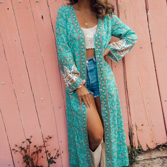 FashionSierra-Flare Long Sleeve  Maxi  Women  Vintage  Cotton Floral Print  Deep V-neck  Fall Autumn  Beach  Vestidos  Robe Boho Dress
