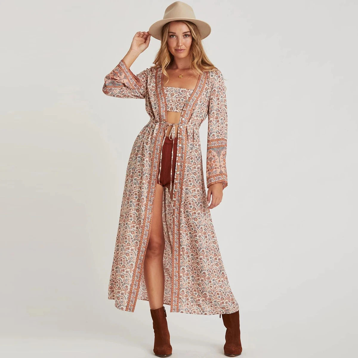 FashionSierra-Flare Long Sleeve  Maxi  Women  Vintage  Cotton Floral Print  Deep V-neck  Fall Autumn  Beach  Vestidos  Robe Boho Dress