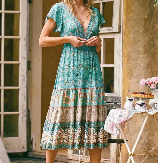 FashionSierra-Green  Cotton  Floral Print  Midi  Vintage  Casual  Long  Summer  V-Neck  Beach Boho Dress