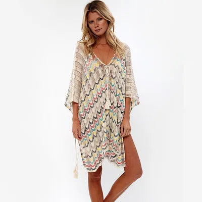 FashionSierra-Hollow  Deep V-neck  Lace Up  Tunic  Mini  Sexy  Cover Up  Cotton  Crochet Stripe  Summer Beach Boho Dress