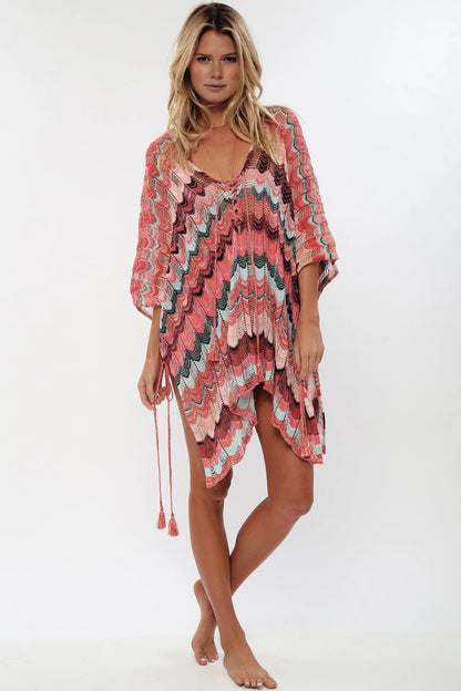 FashionSierra-Hollow  Deep V-neck  Lace Up  Tunic  Mini  Sexy  Cover Up  Cotton  Crochet Stripe  Summer Beach Boho Dress