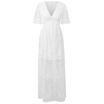 FashionSierra-Lace Maxi  Women  Vintage  White  Deep V Neck  Long  Summer  Elegant  Floral Embroidery  Robe  Beach  Vestidos Boho Dress