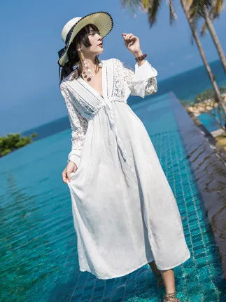 FashionSierra-Long Sleeve  Beach Cover  Vintage Lace  White  Summer  Sexy  Deep V Neck  Women  Bohemia Boho Dress